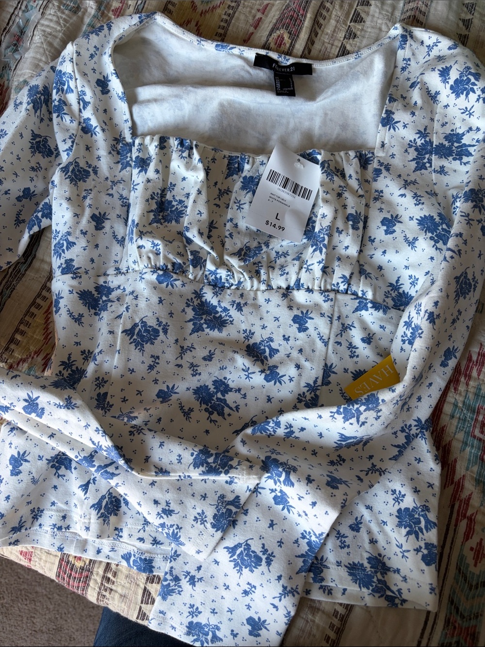 Forever 21 White Long-Sleeve Shirt with Blue Floral Print